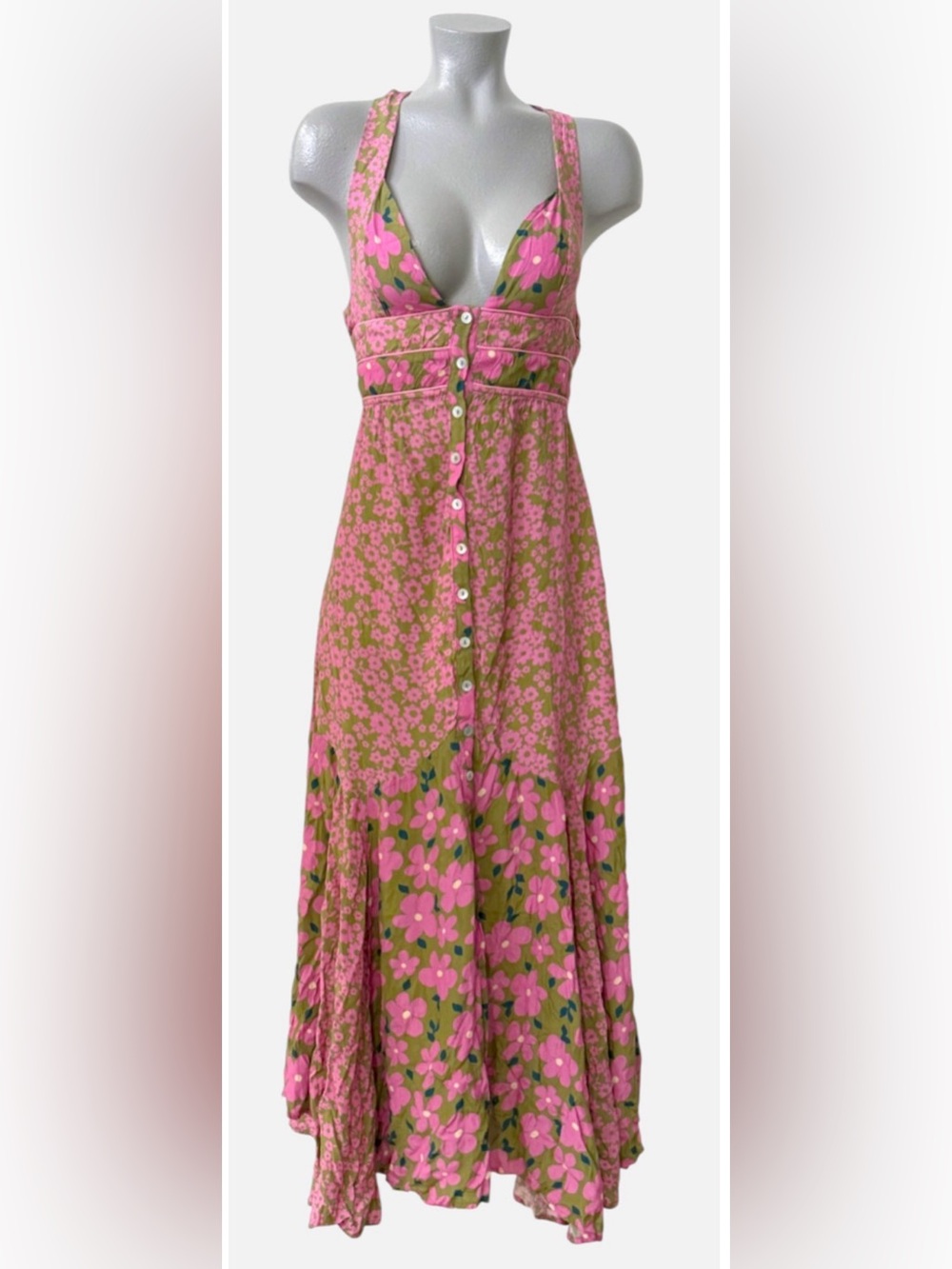FREE PEOPLE PINK GREEN FLORAL DEWBERRY BUTTON FRONT STRAPPY BACK MAXI DRESS XS